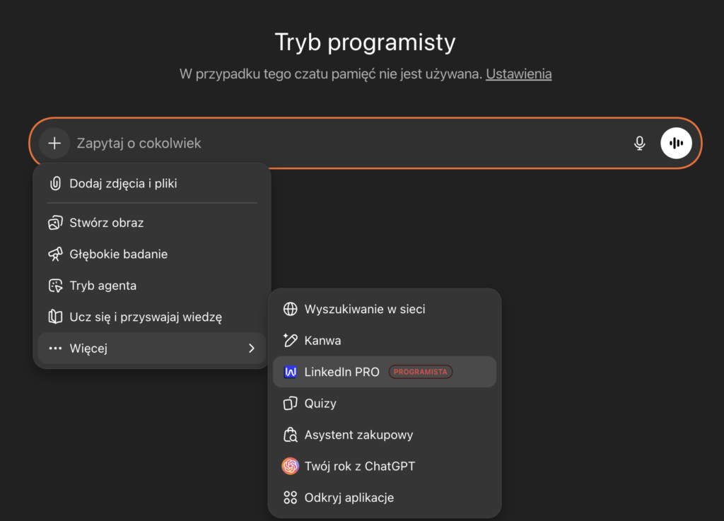 użycie aplikacji MCP chat gpt