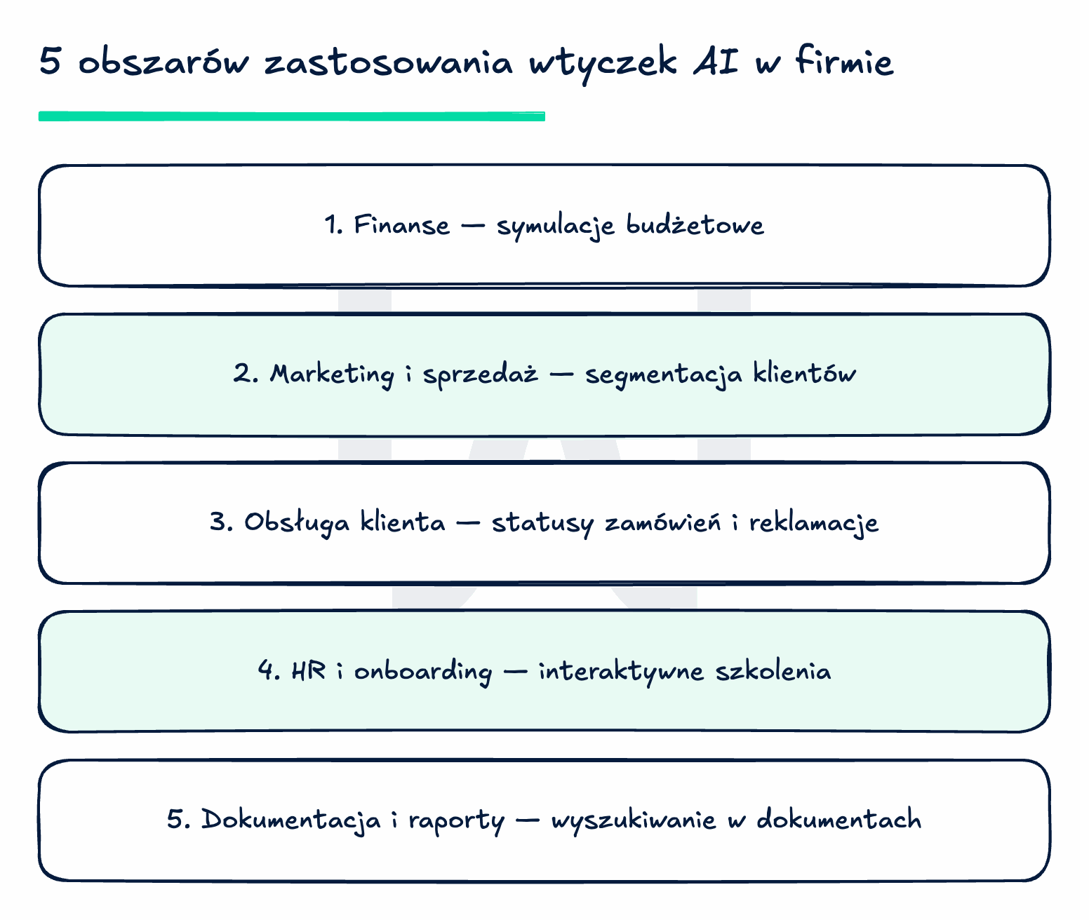 Pięć obszarów zastosowania wtyczek AI w firmie: finanse, marketing i sprzedaż, obsługa klienta, HR i onboarding oraz dokumentacja i raporty.