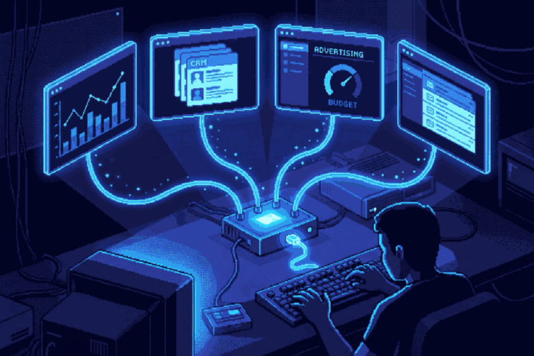Serwer MCP jako centralny hub łączący asystenta AI z czterema platformami marketingowymi — analityką Google Analytics, CRM HubSpot, kampaniami Meta Ads i skrzynką Gmail — na biurku marketingowca, pixel-art