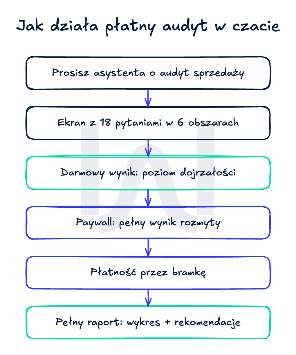 Przepływ płatnego audytu w czacie: od prośby o audyt, przez 18 pytań i darmowy wynik, po paywall, płatność i odblokowany pełny raport z rekomendacjami.