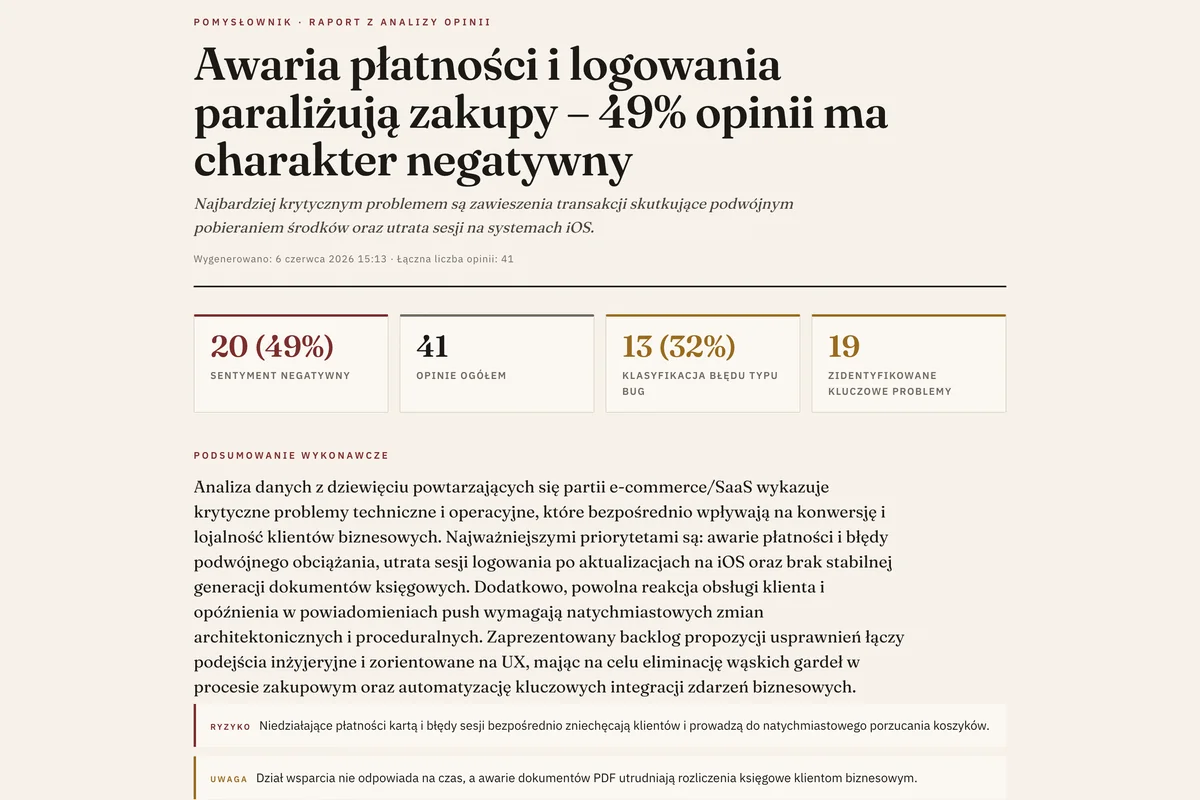 Początek raportu z analizy opinii: tytułowy wniosek, statystyki sentymentu i podsumowanie wykonawcze
