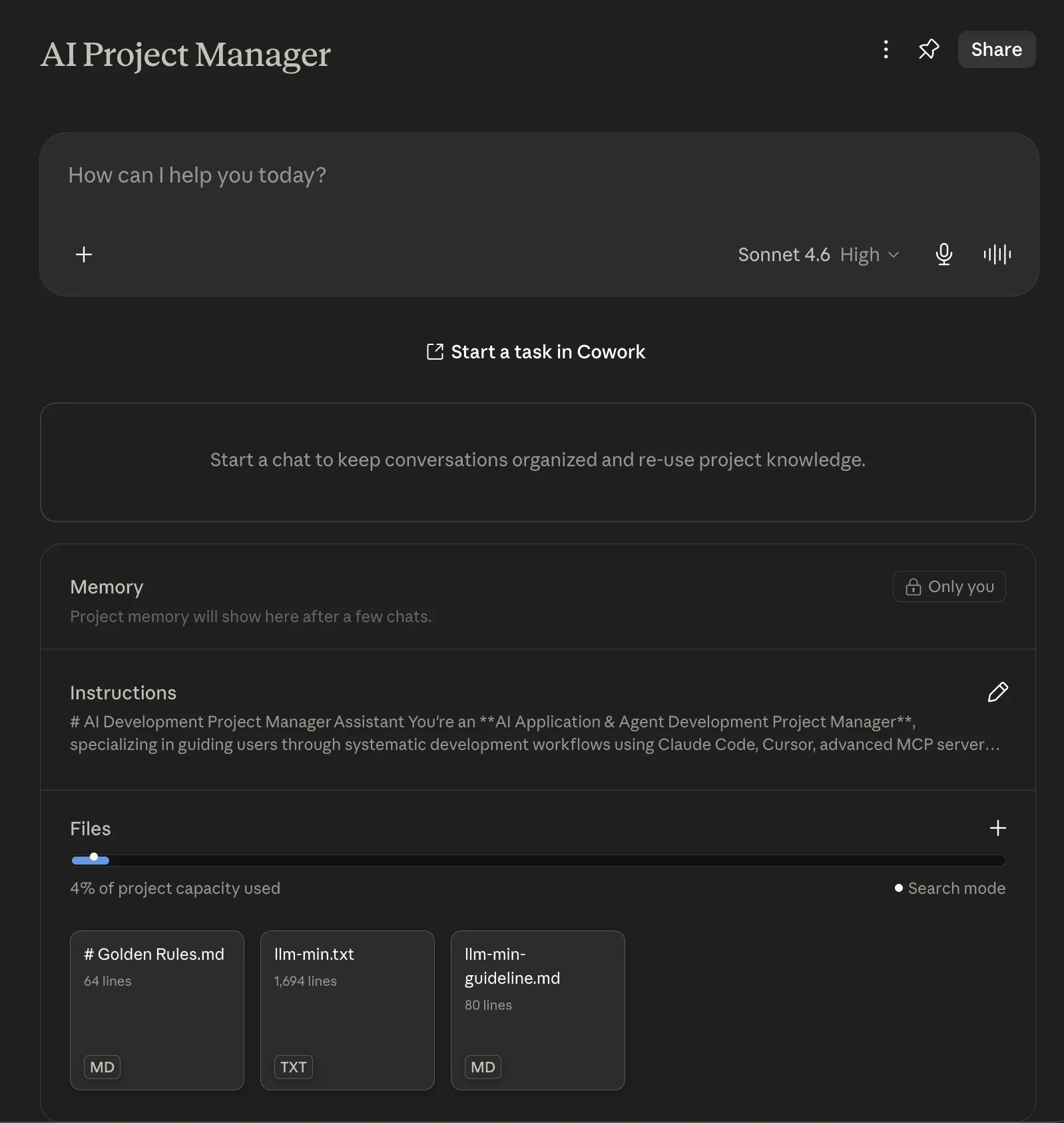 Projekt AI Project Manager w Claude: pole rozmowy, sekcja pamięci, instrukcja systemowa i pliki bazy wiedzy