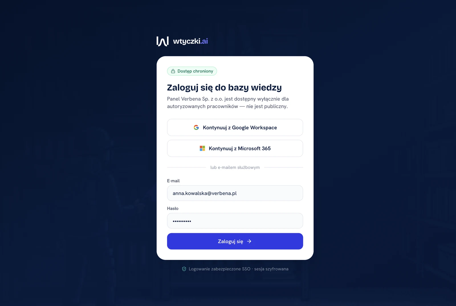 Ekran logowania do firmowej bazy wiedzy: dostęp przez Google Workspace, Microsoft 365 lub e-mail służbowy, z adnotacją o zabezpieczonym logowaniu SSO