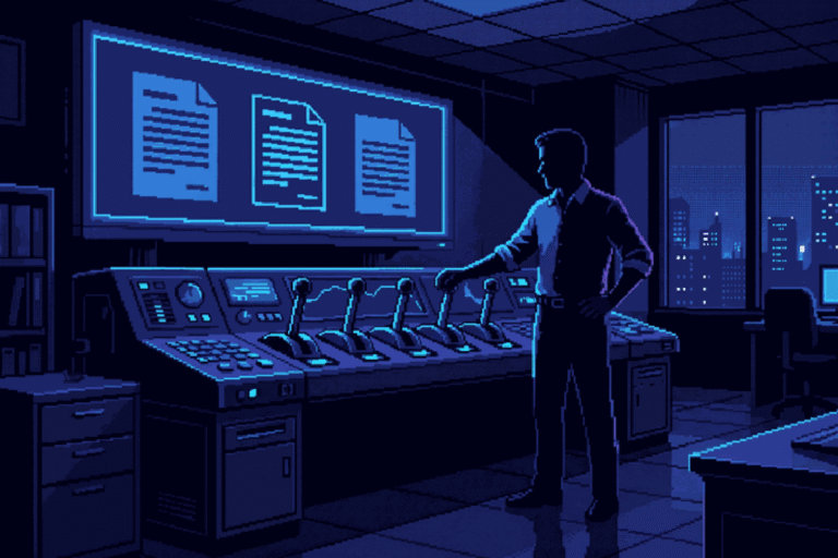 Właściciel firmy przy konsoli z sześcioma dźwigniami ceny wdrożenia AI, nad nim trzy różne oferty — pixel-art