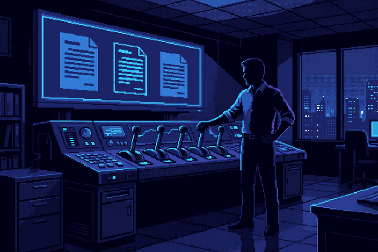 Właściciel firmy przy konsoli z sześcioma dźwigniami ceny wdrożenia AI, nad nim trzy różne oferty — pixel-art